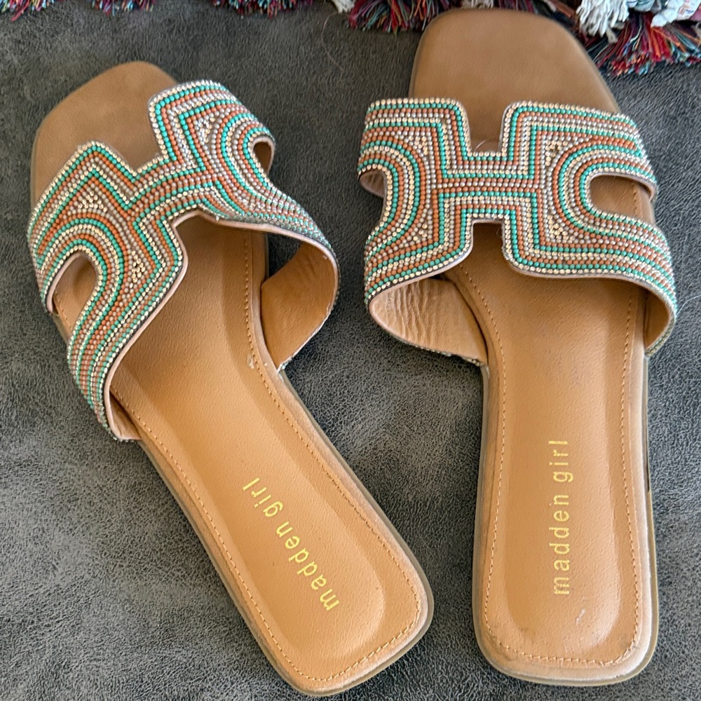Madden Girl Tan Slide Sandals with Mint & Coral Bead Accents
